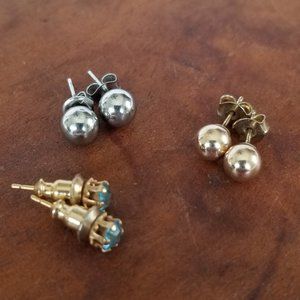 Vintage Post Earring Lot- 3 pairs- Gold & Silver Ball & Aqua Blue Crystal